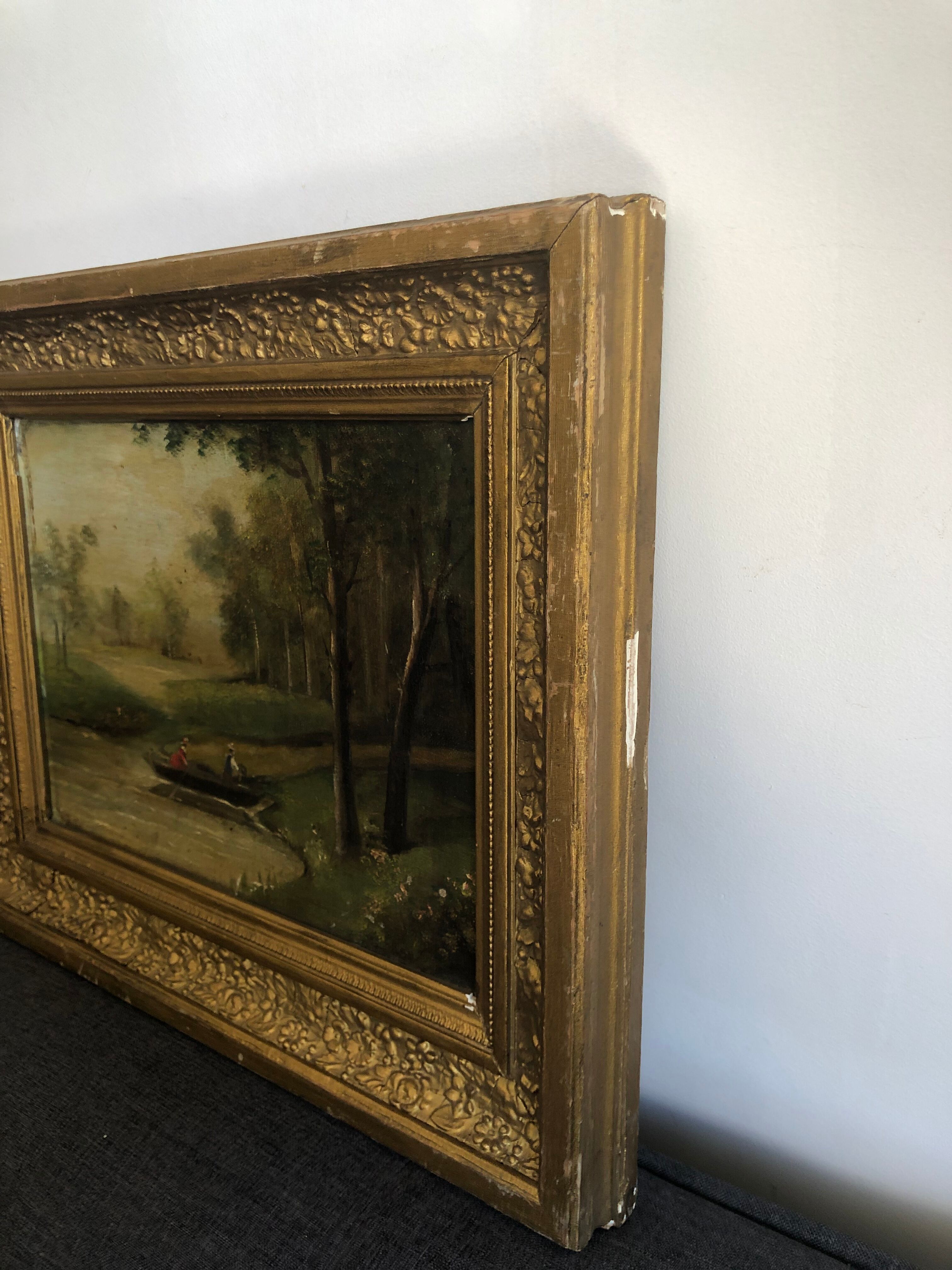 Oil on canvas framed Landscape with boat