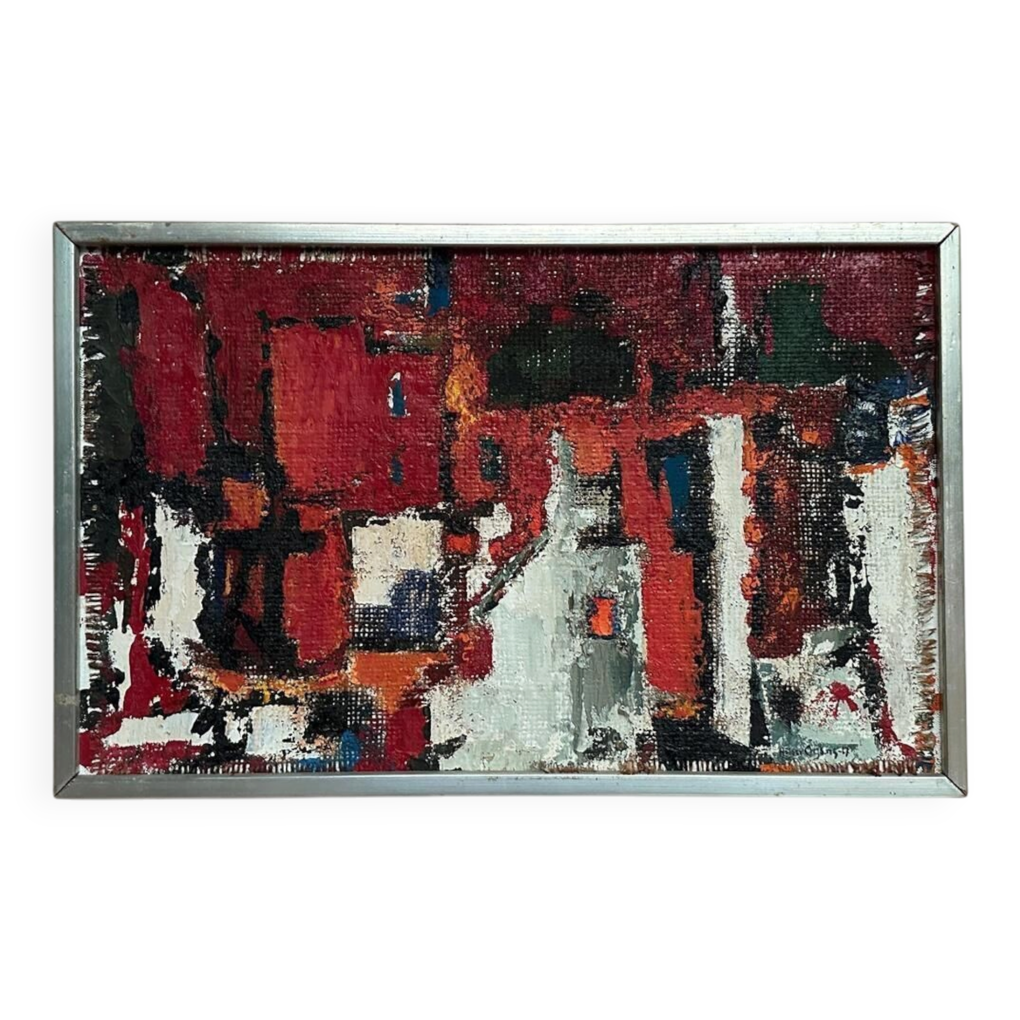Original Swedish Oil On Canvas – “Cityscape In Red” By Holger Oijens (1907–2004) – Signed – Vintage & Framed