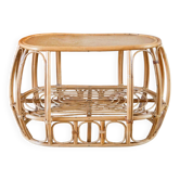 Table basse ovale en rotin et bambou, double plateaux, 1960
