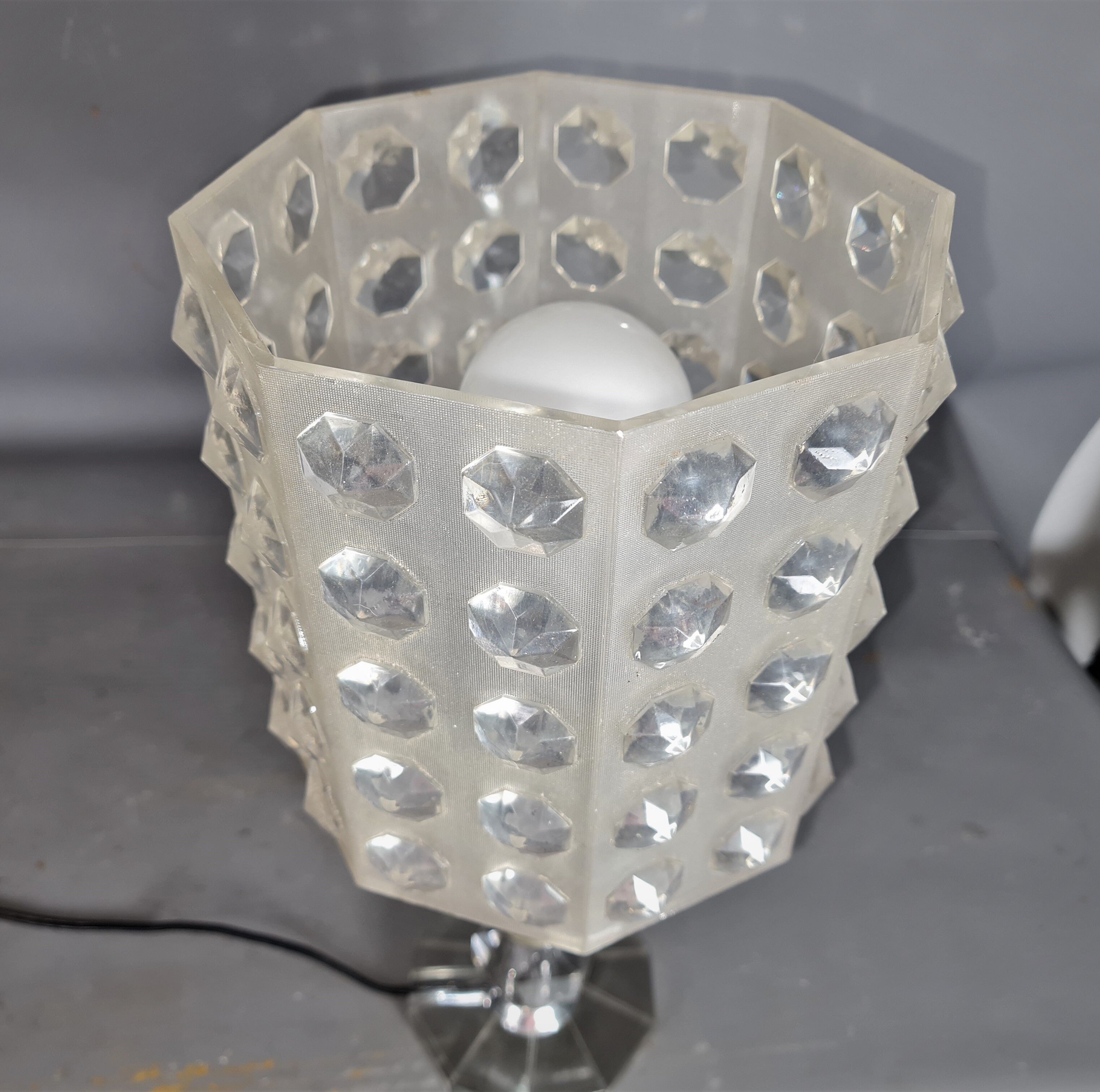 Table lamp foot glass & diamond plastic lampshade Vintage 50-60