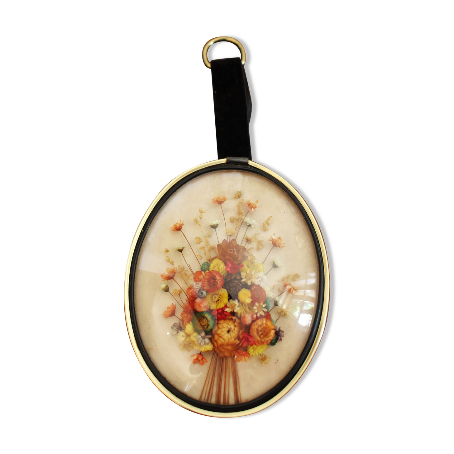 Vintage medallion domed glass dried flowers black gold