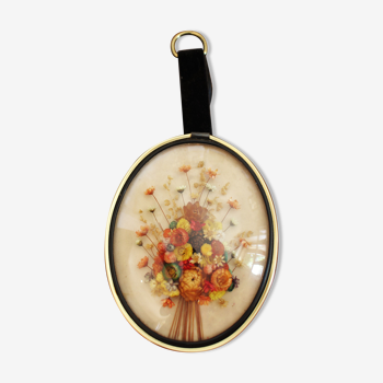 Vintage medallion domed glass dried flowers black gold