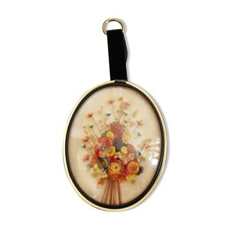 Vintage medallion domed glass dried flowers black gold