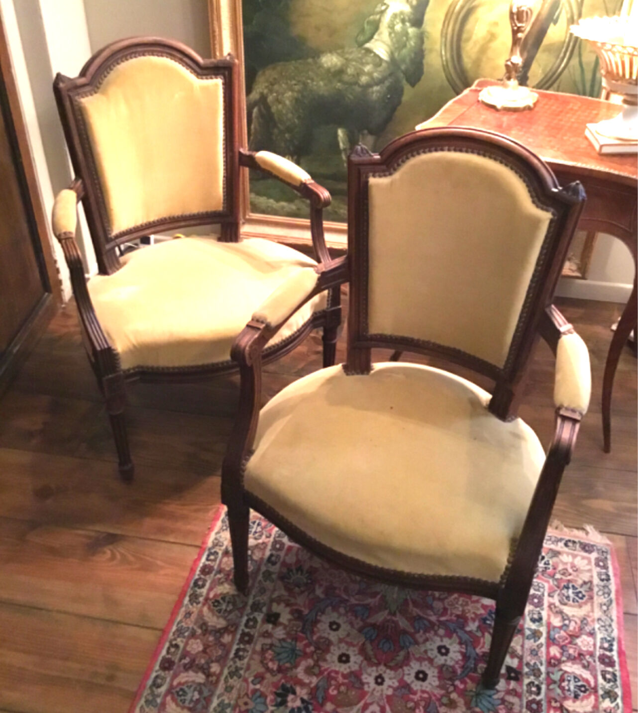Pair of armchairs Louis XVI style yellow velvet