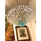 Contemporary transparent and ligh-blue triedro murano glass chandelier
