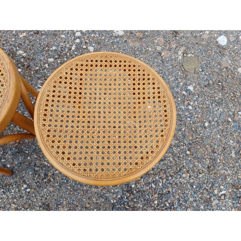 3 wooden and cane stools