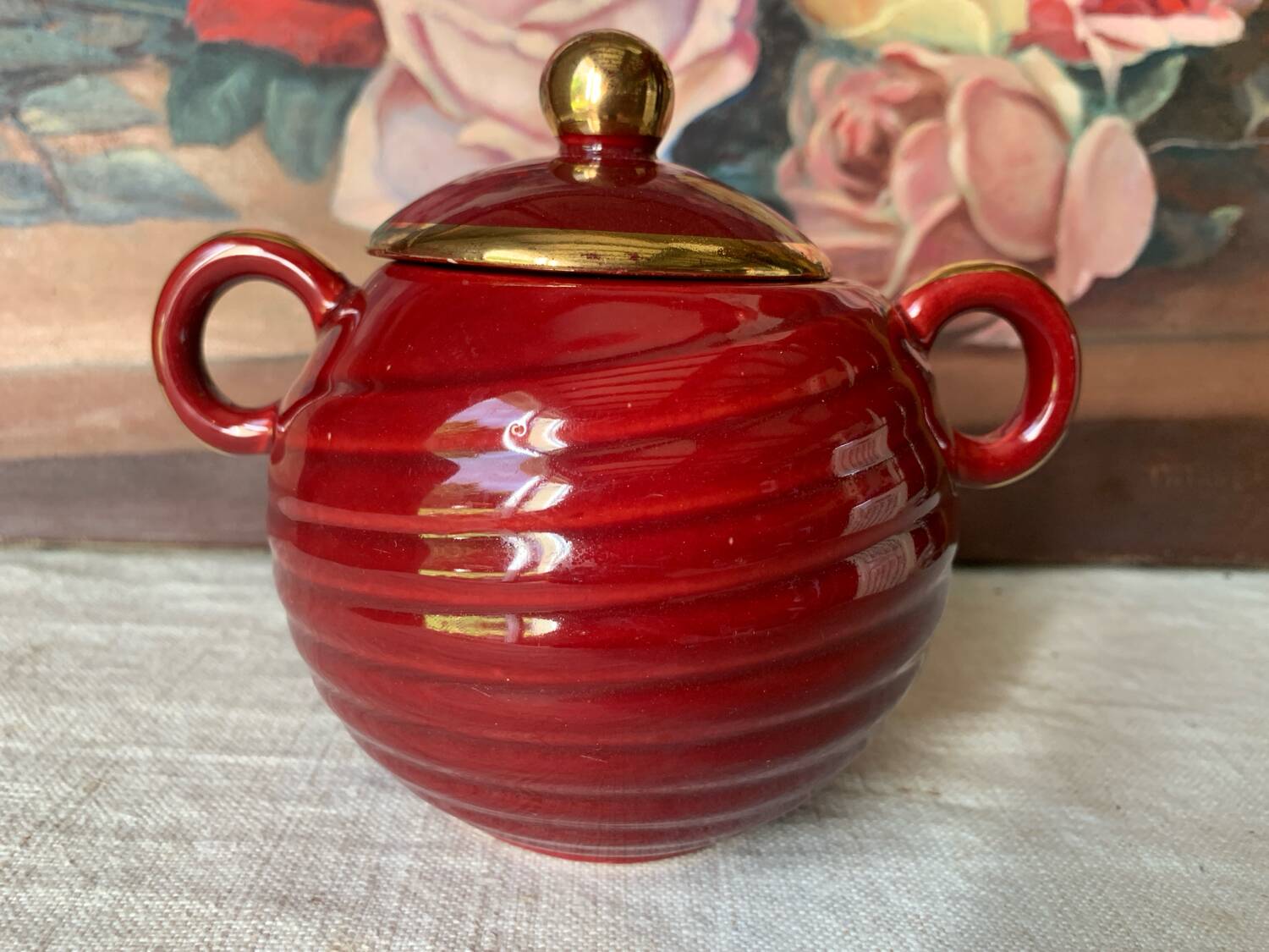 Saint Clément Art Deco Burgundy and Gold Sugar Bowl