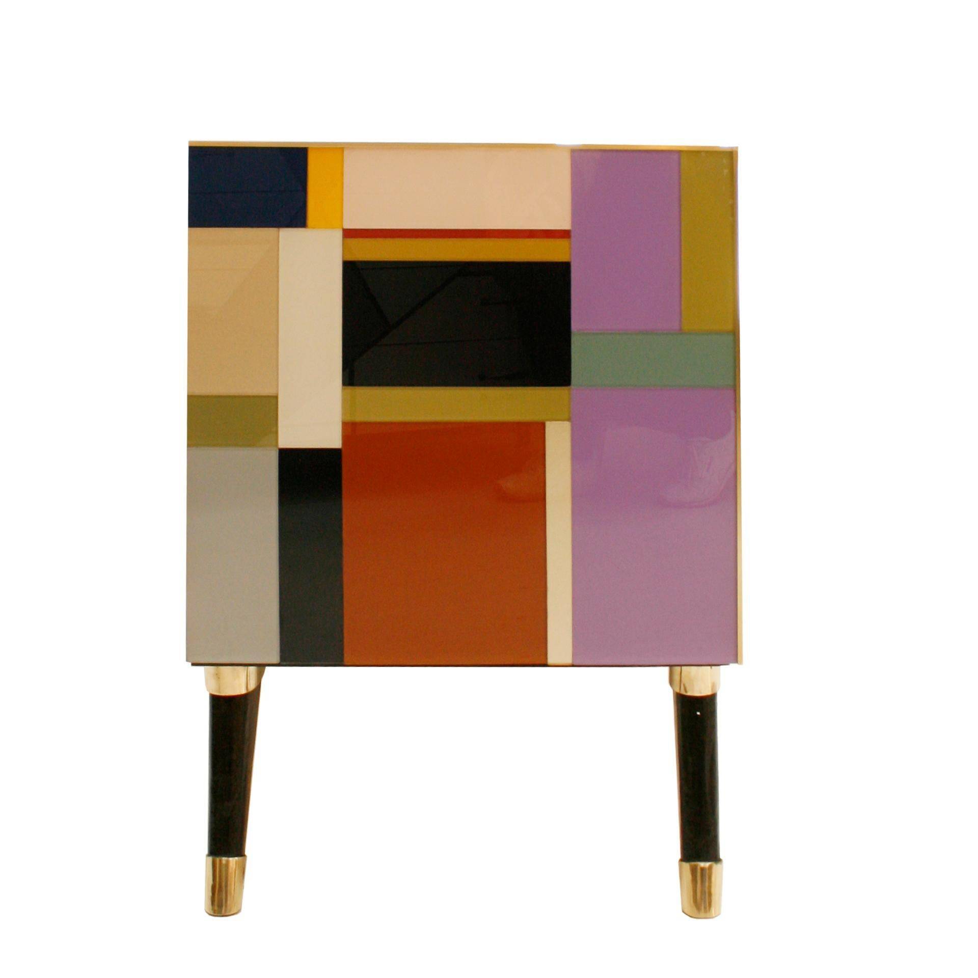 Mid Modern Style Italian Sideboard, Solid Wood & Colored Glass, Six Drawers