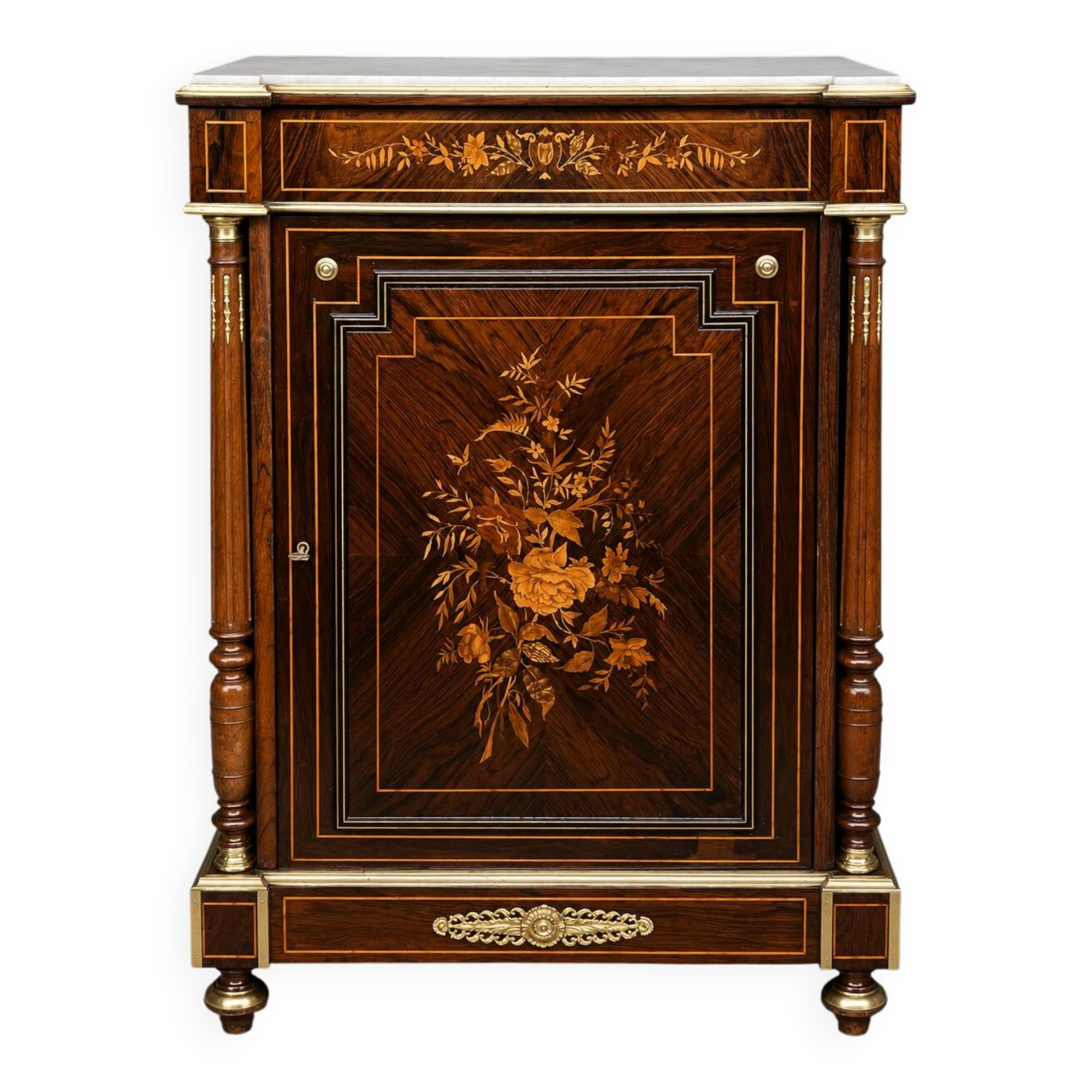 Elegant Napoleon III style commode with fine marquetry, gilded bronze mounts, and a marble top.