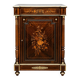 Elegant Napoleon III style commode with fine marquetry, gilded bronze mounts, and a marble top.