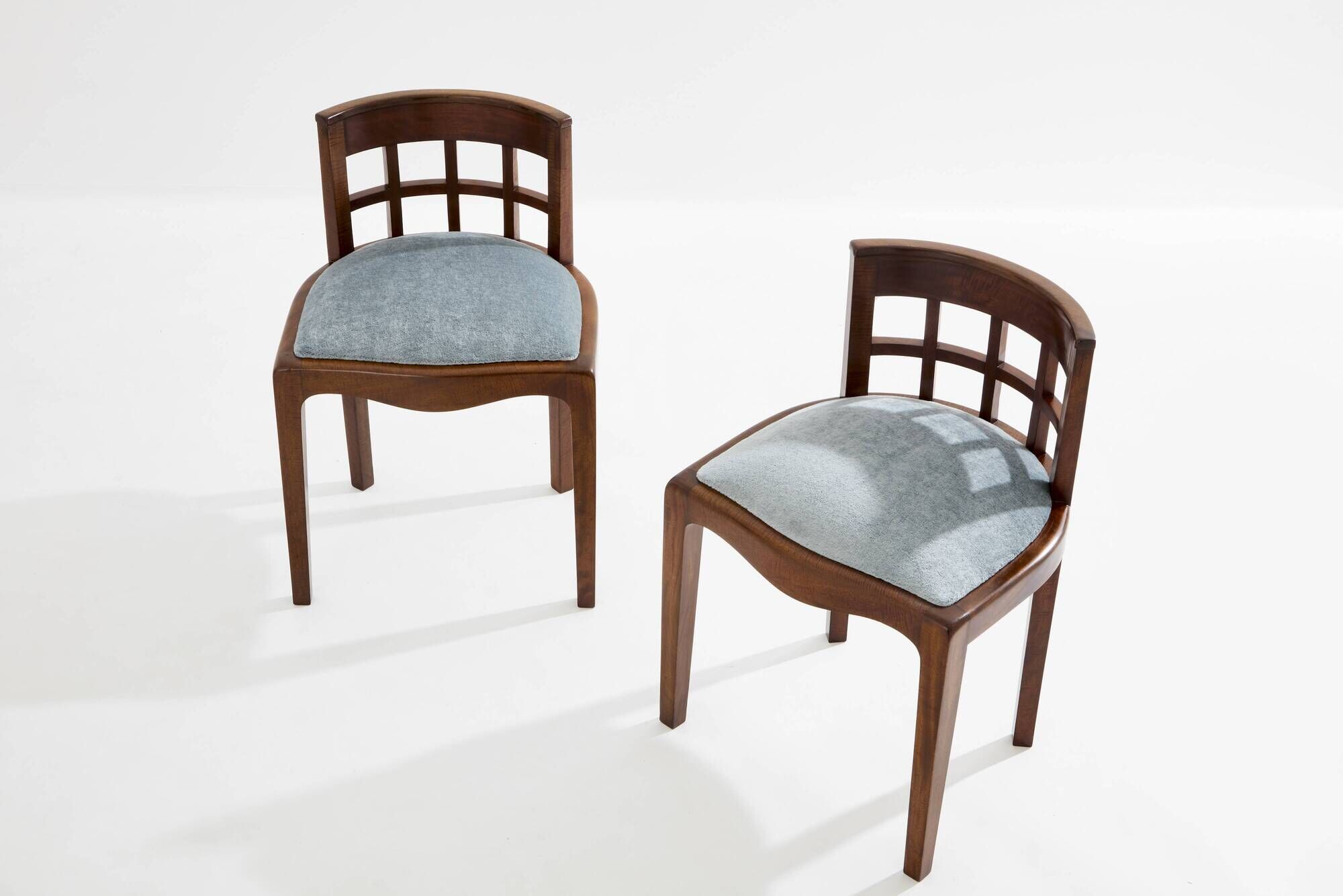 Paul T. Frankl pair of wavy walnut and mohair velvet chairs 1933