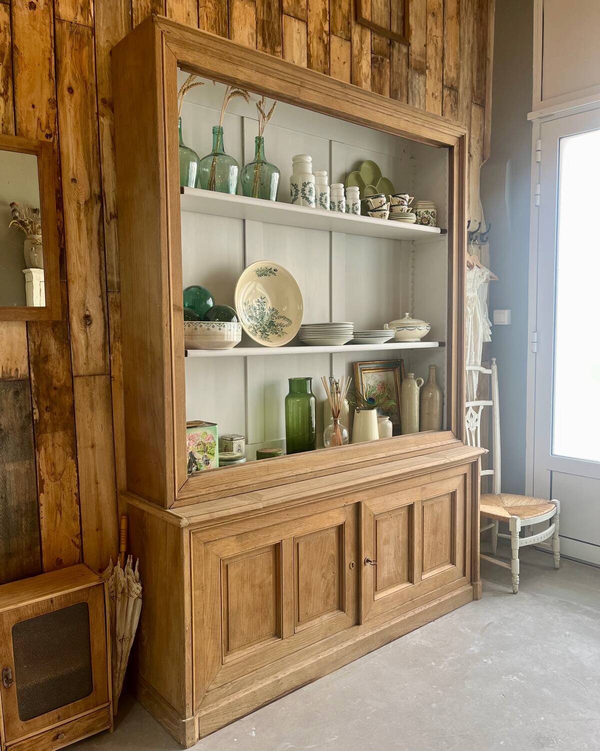 Two-body sideboard, bookcase, dresser in restored solid oak