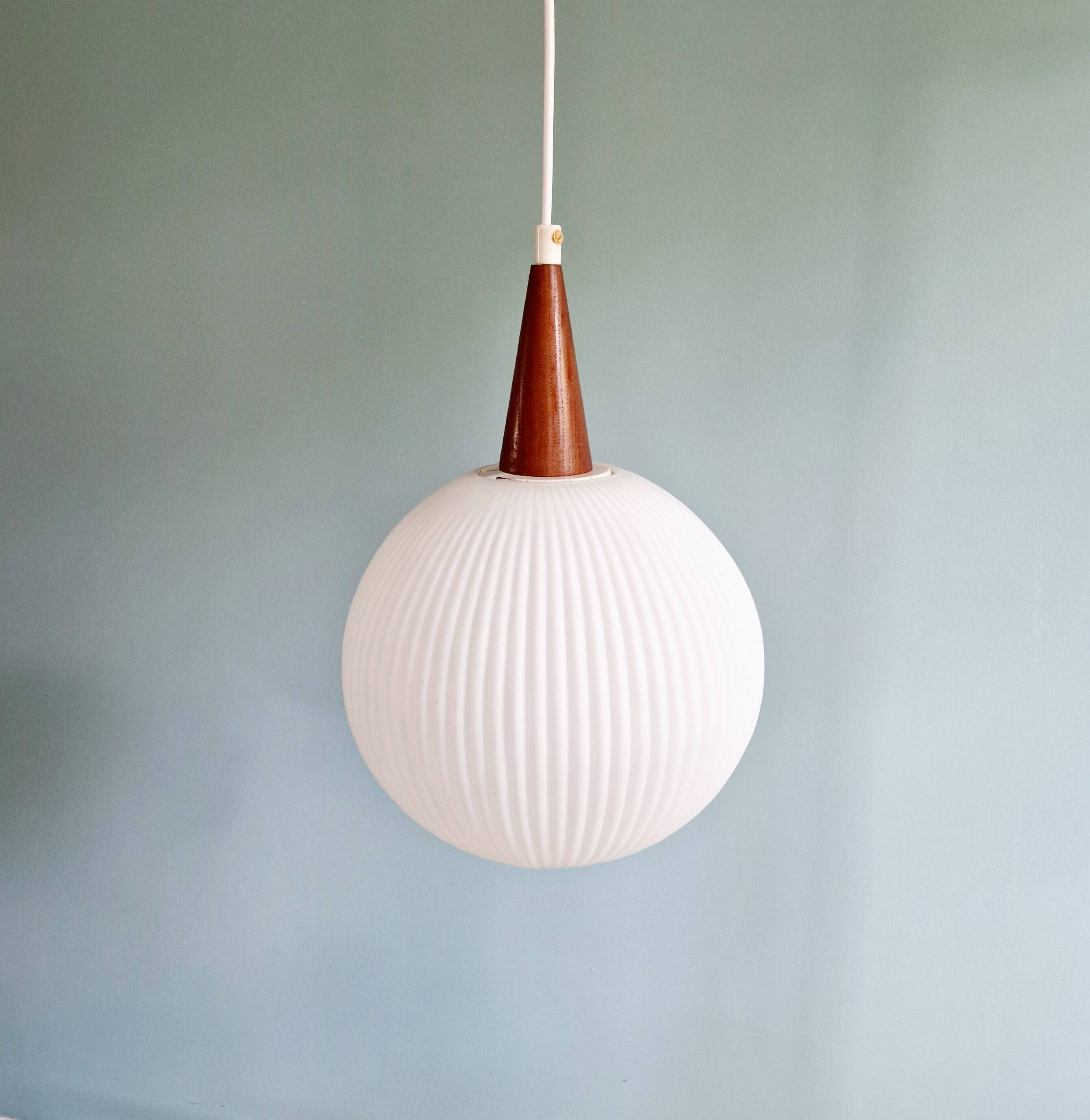 Scandinavian teak and white satin glass pendant light, 1960s