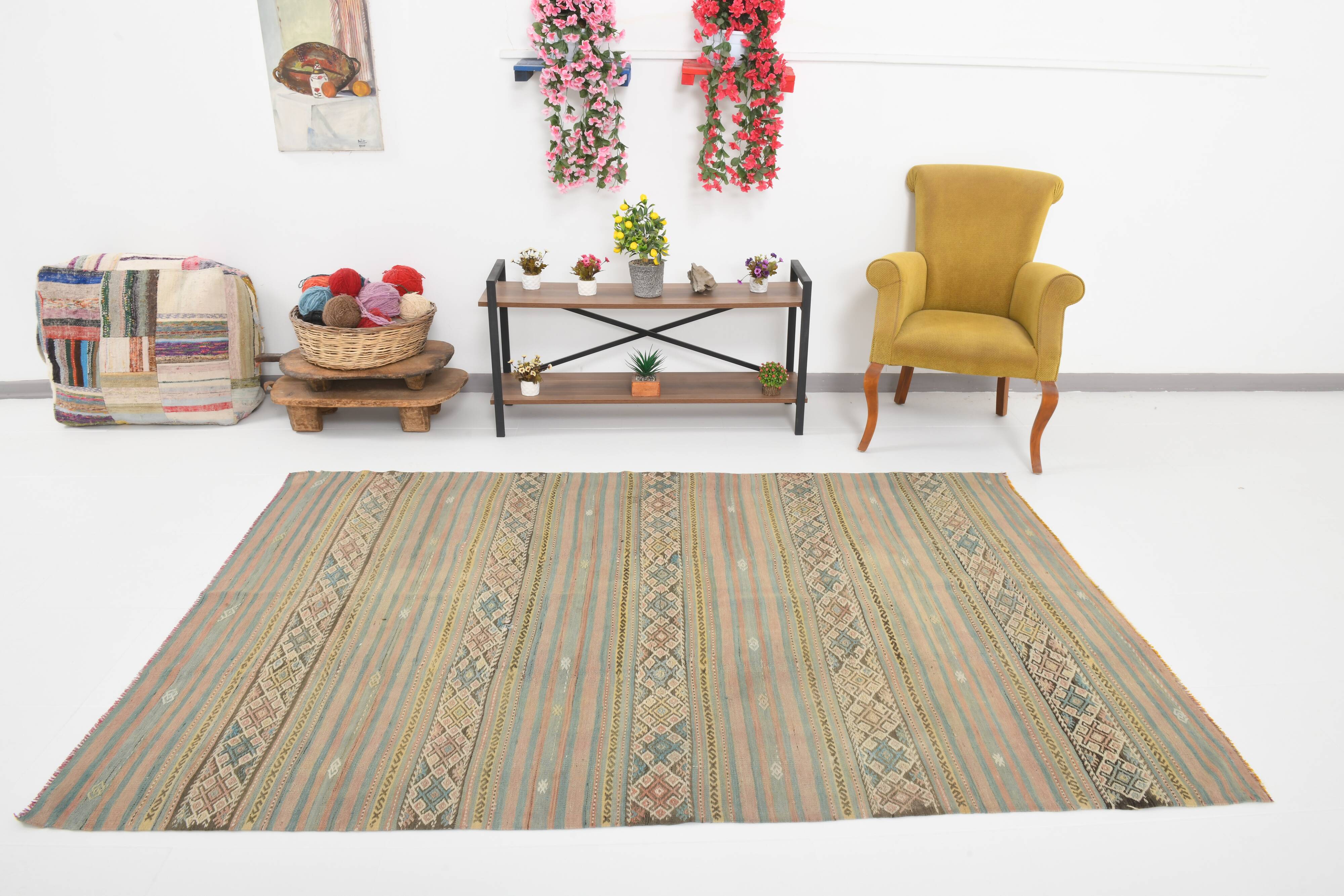 Tapis Kilim fait main rouge clair bleu 5x7 158x247 cm