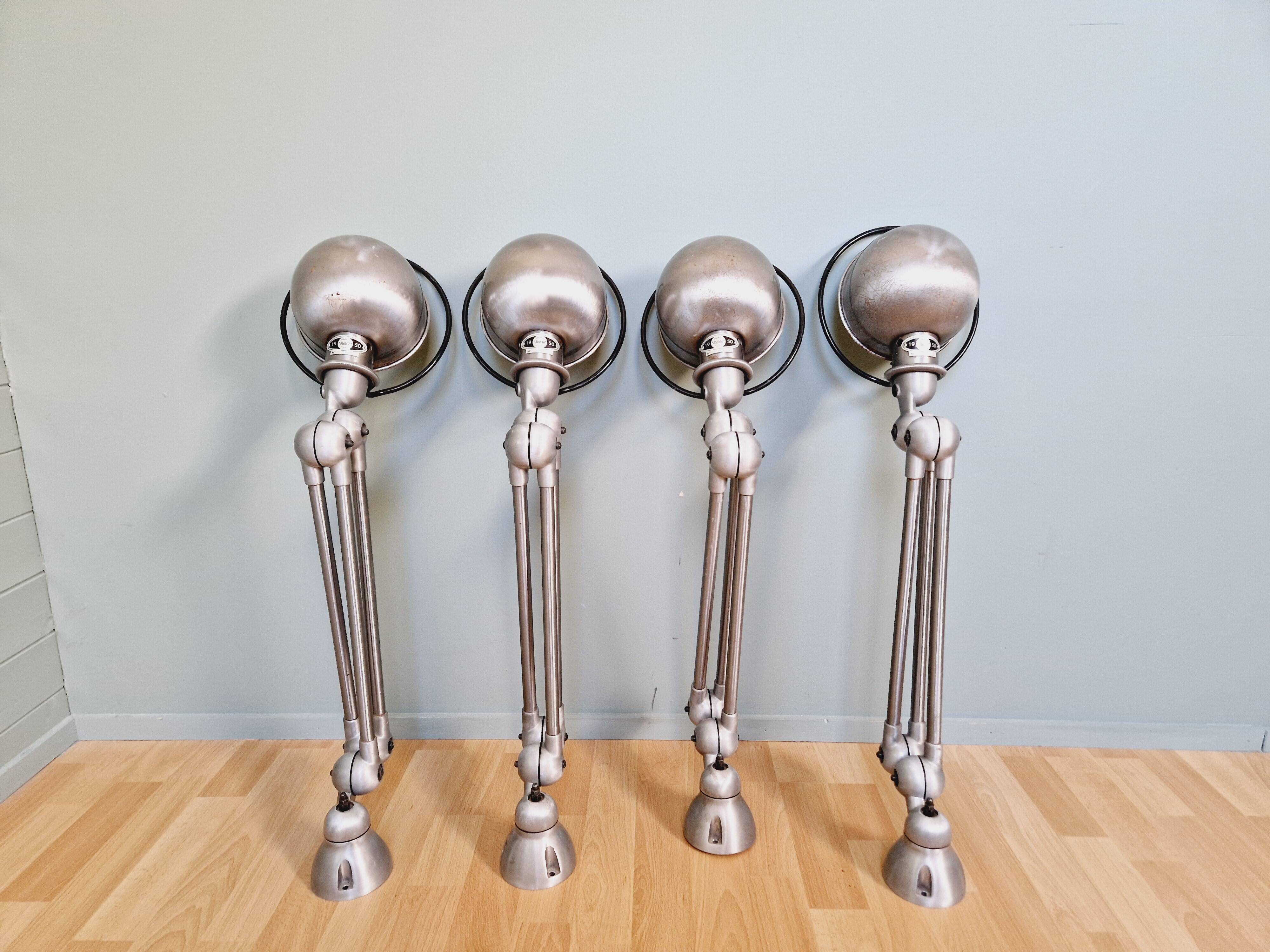 Set of 4 Jieldé industrial lamps in brushed steel, 3 arms