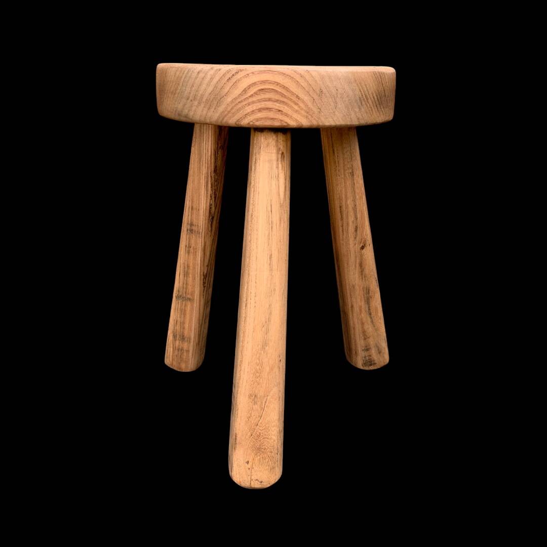 Antique brutalist tripod stool in solid wood