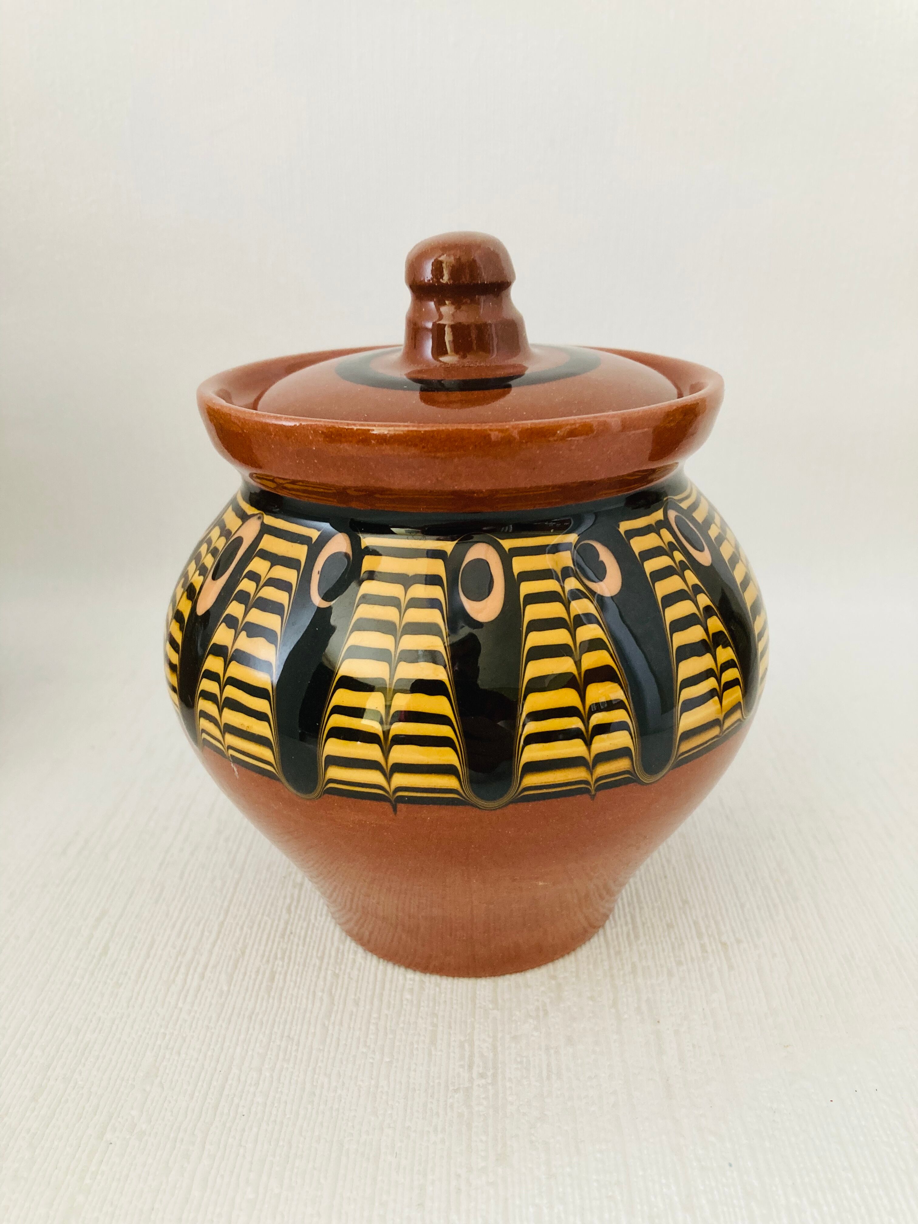 Trio of glazed ceramic pots USSR, peacock feather decoration, 1970