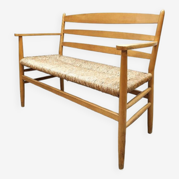French vintage beech rush bench sofa 'Wabi Sabi style'