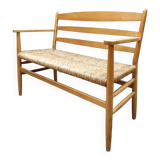 French vintage beech rush bench sofa 'Wabi Sabi style'