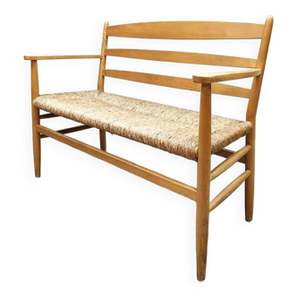 French vintage beech rush bench sofa 'Wabi Sabi style'