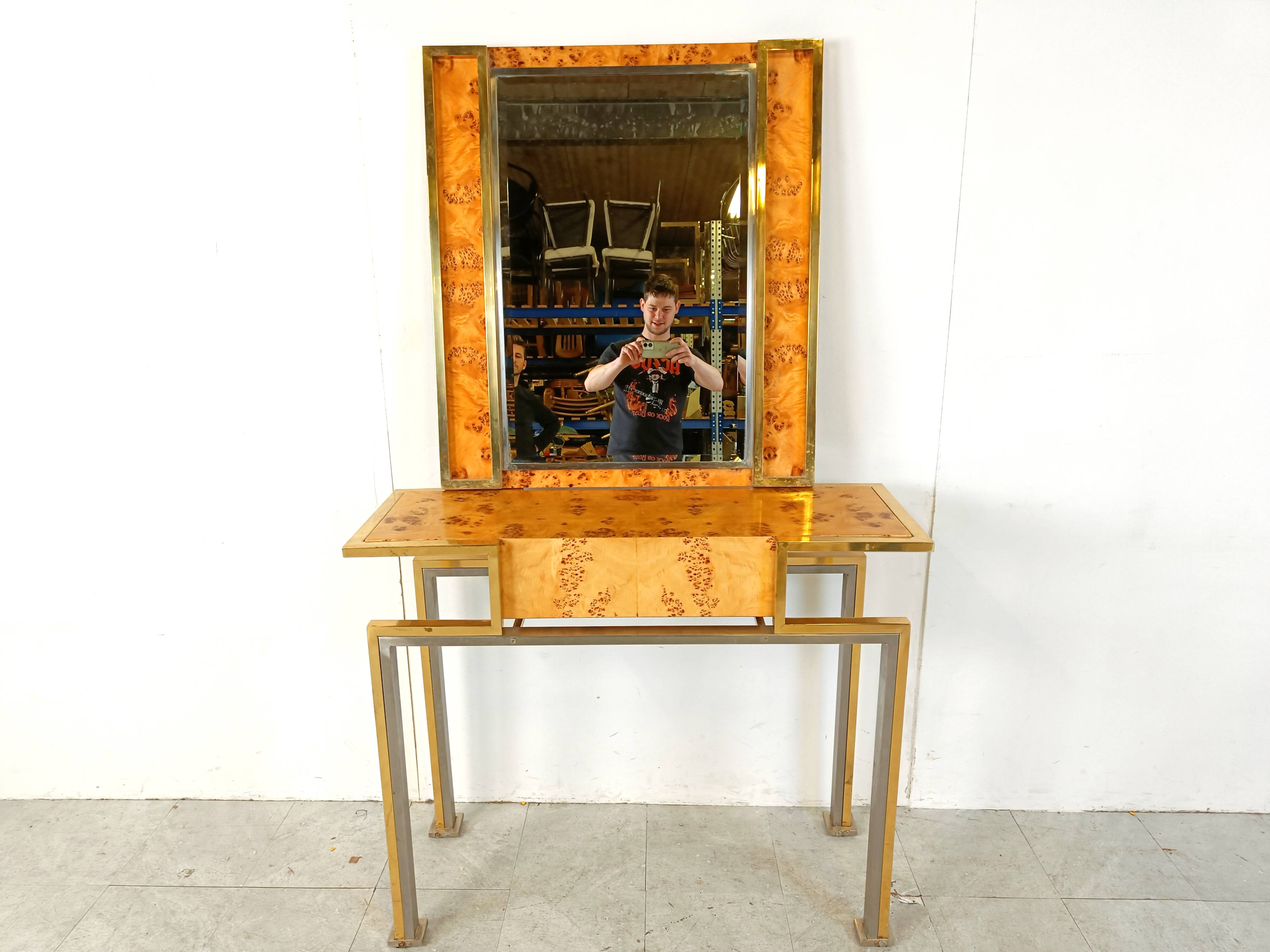 Vintage burl wood console with mirror, 1970s