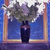 Grand vase en faience sarreguemines art nouveau bleu et or