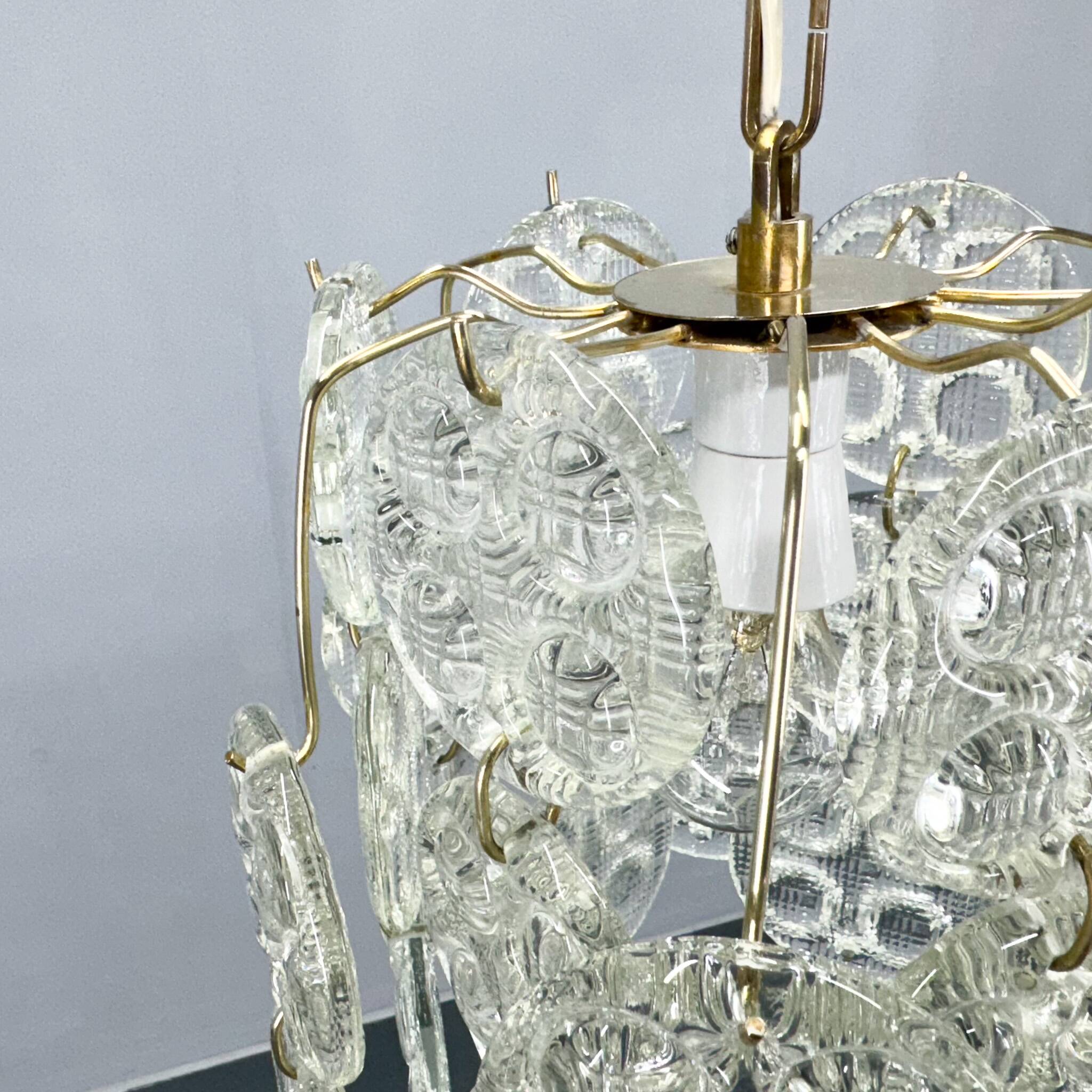 1970s Brass & Pressed Glass Chandelier, Czechoslovakia