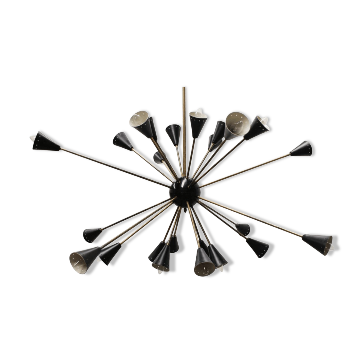 Sputnik 24 arms in black lacquered metal and brass chandelier