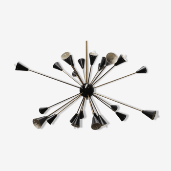Sputnik 24 arms in black lacquered metal and brass chandelier