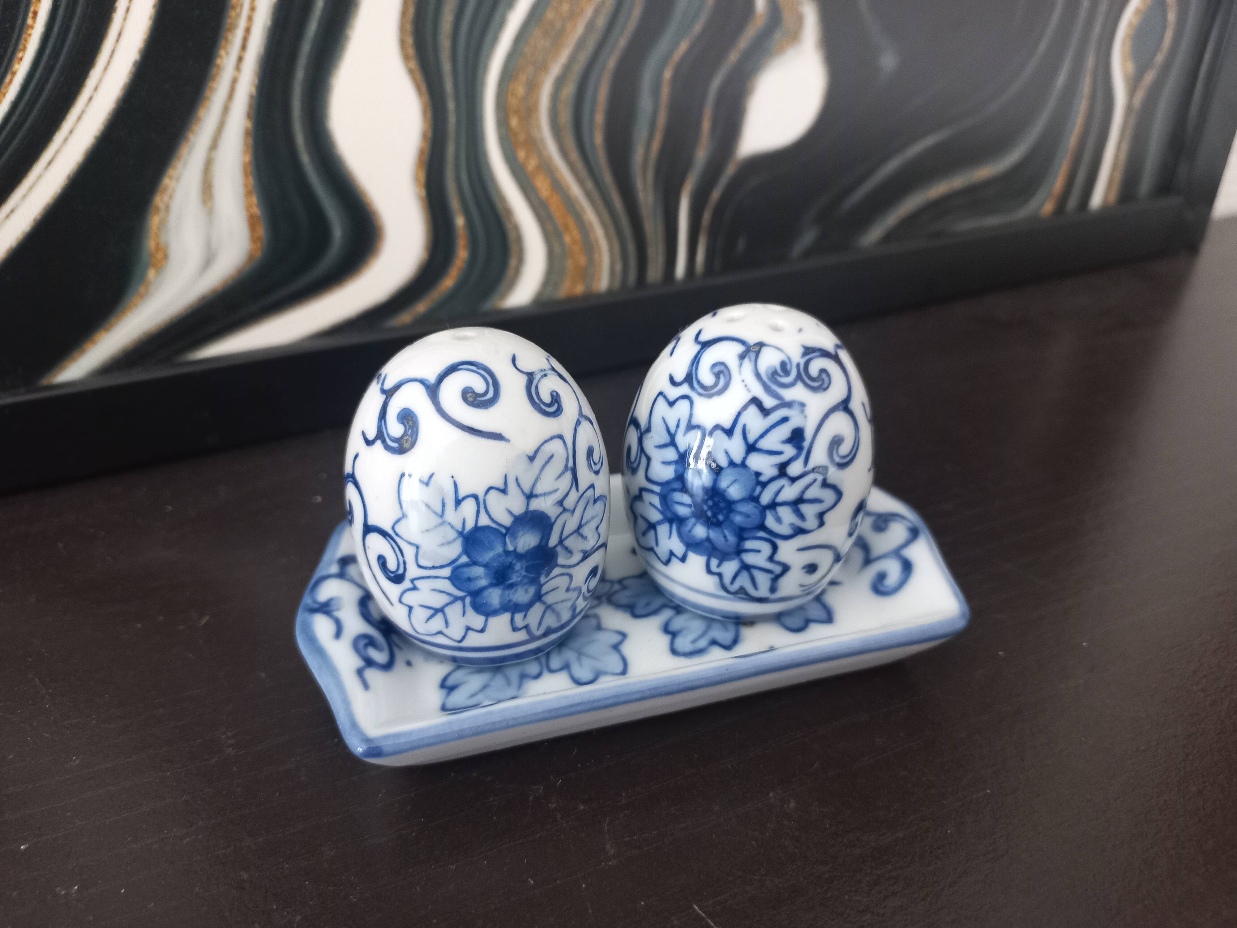 Vintage blue porcelain salt and pepper shakers