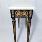 19th century Louis XVI style console table in black and gold with white marble shelf