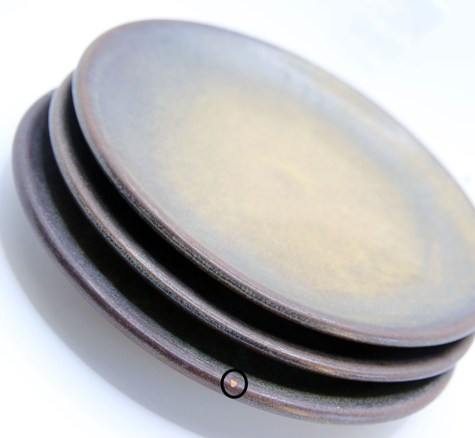 Set of 3 bluish and ochre plates in stoneware Arts Ceram Grand Feu