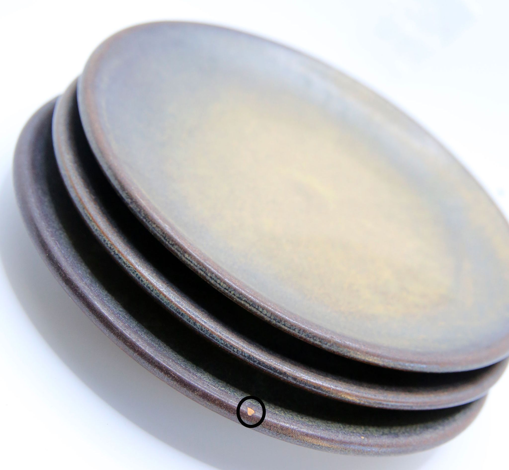 Set of 3 bluish and ochre plates in stoneware Arts Ceram Grand Feu