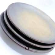 Set of 3 bluish and ochre plates in stoneware Arts Ceram Grand Feu