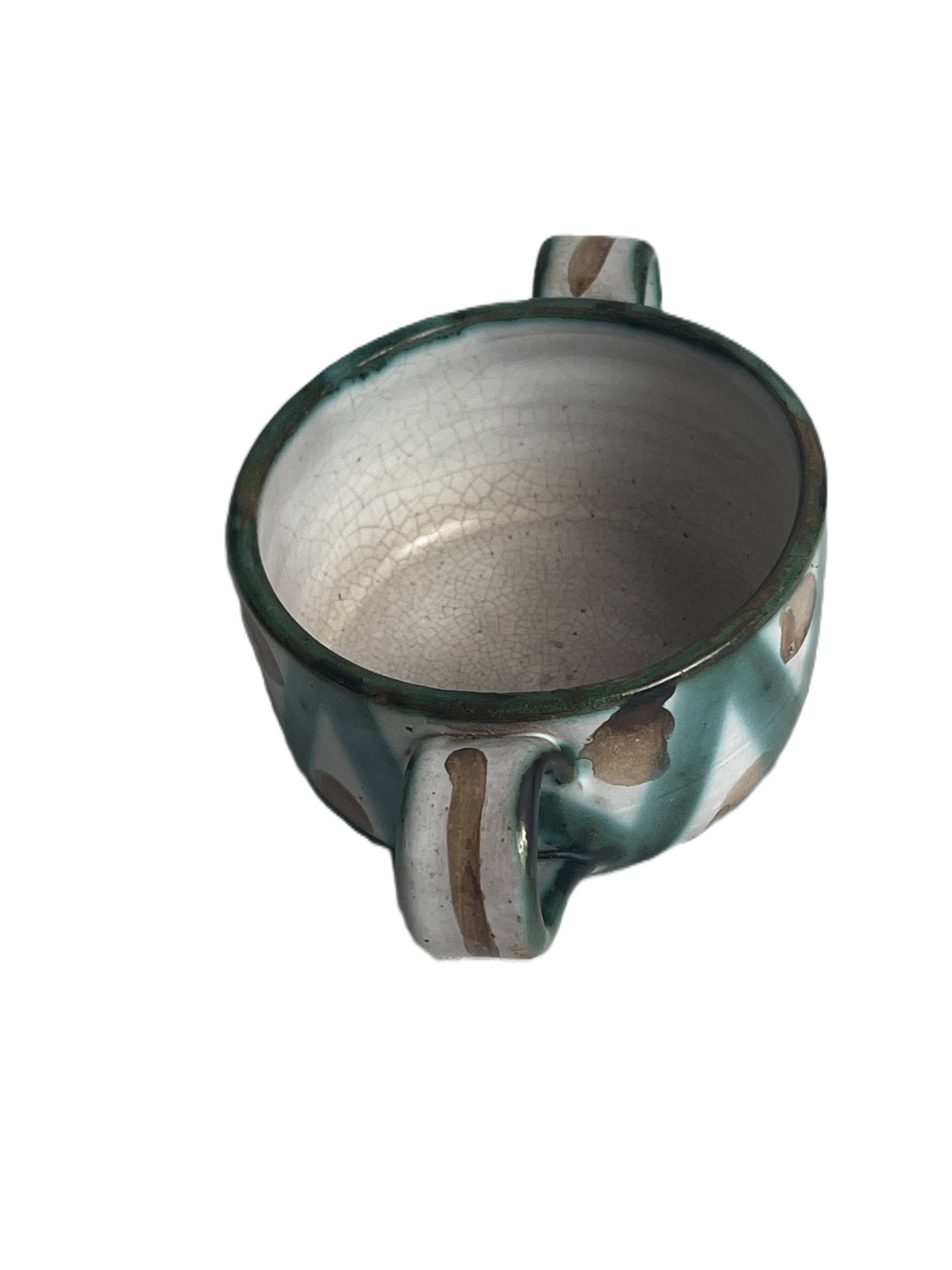 Robert Picault, bowl with two handles, polychrome earthenware, 20th century.