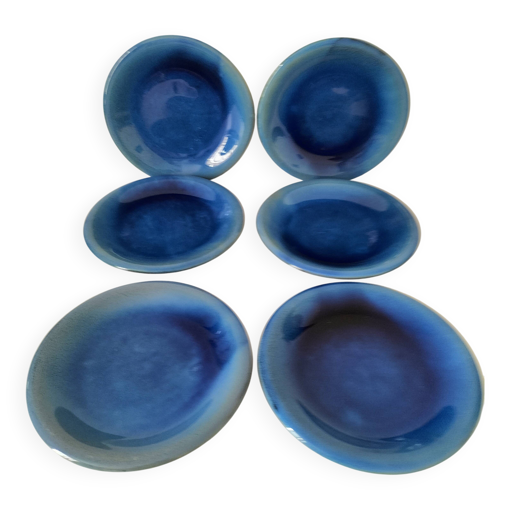 6 grandes assiettes plates en grès bleu cobalt et turquoise