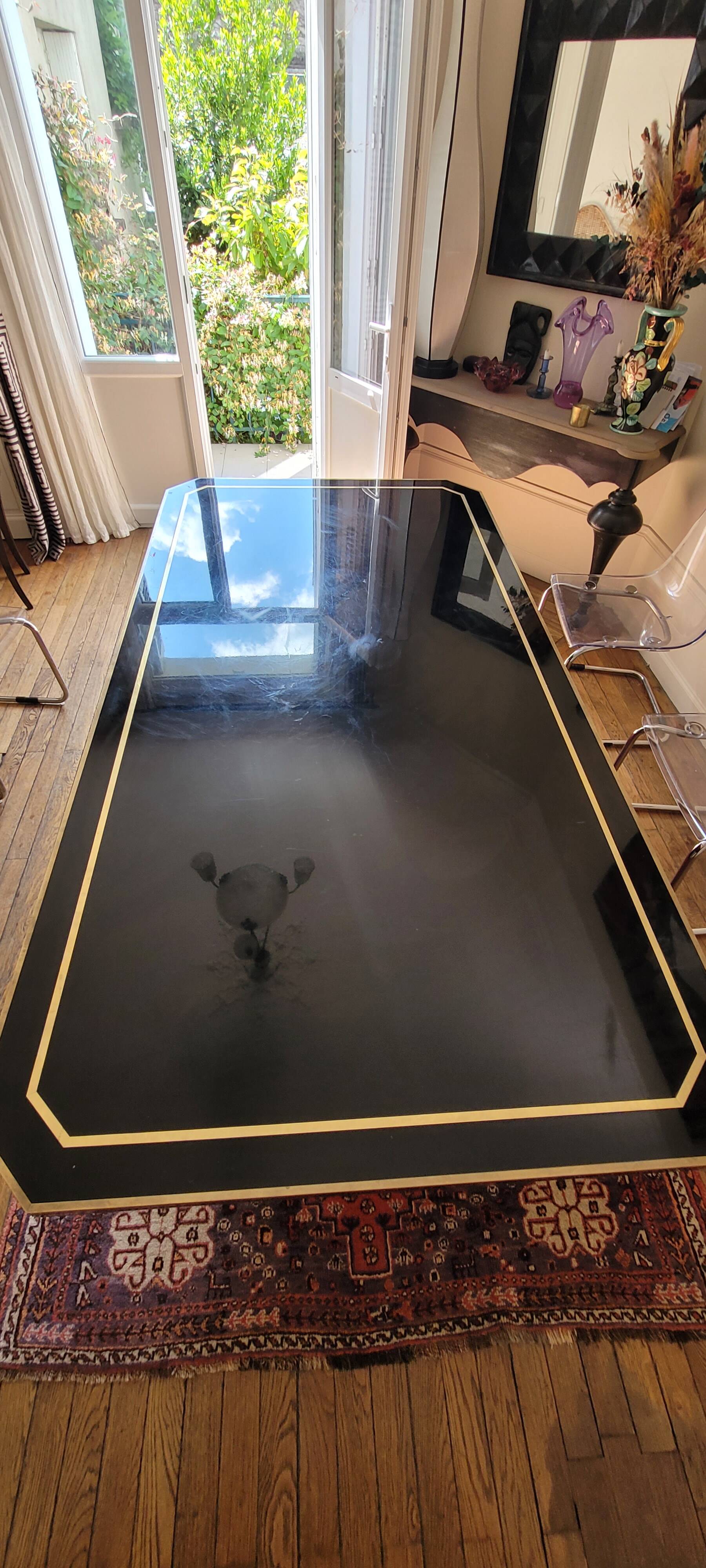 Large Lacquer and Brass Table by JC Mahey
