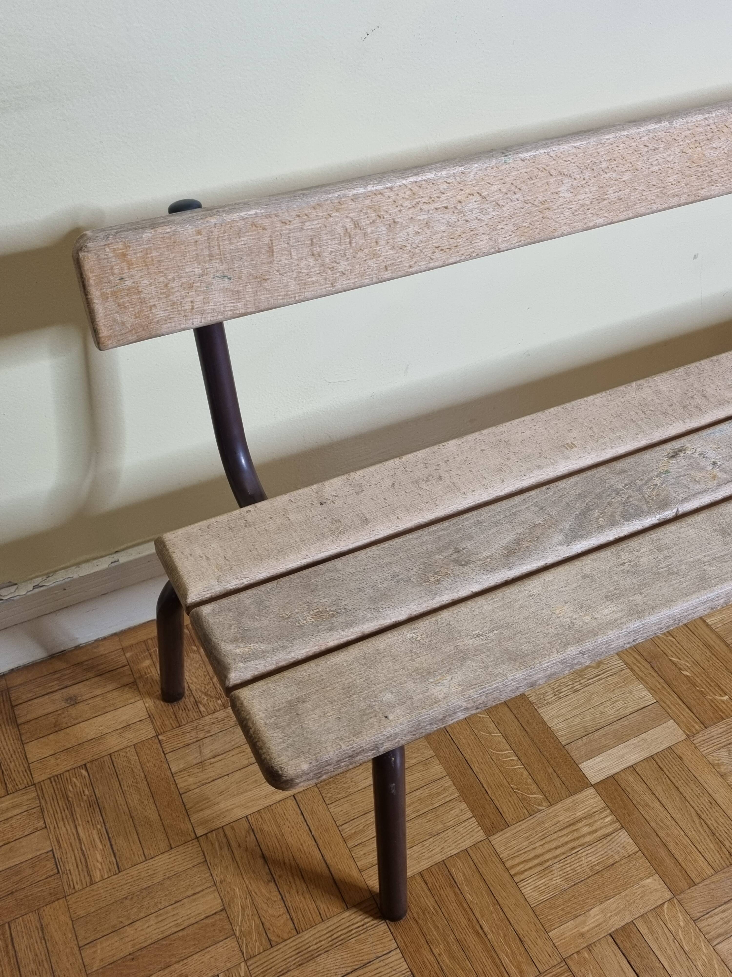 Vintage wooden and metal kindergarten bench, 2 m