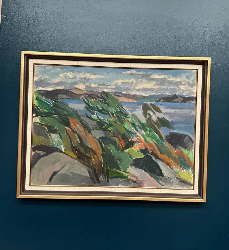 Large original Swedish oil on canvas – "Rocky Shore" – Signed – vintage and framed – 91 × 70 cm (35.8 in × 27.6 in)