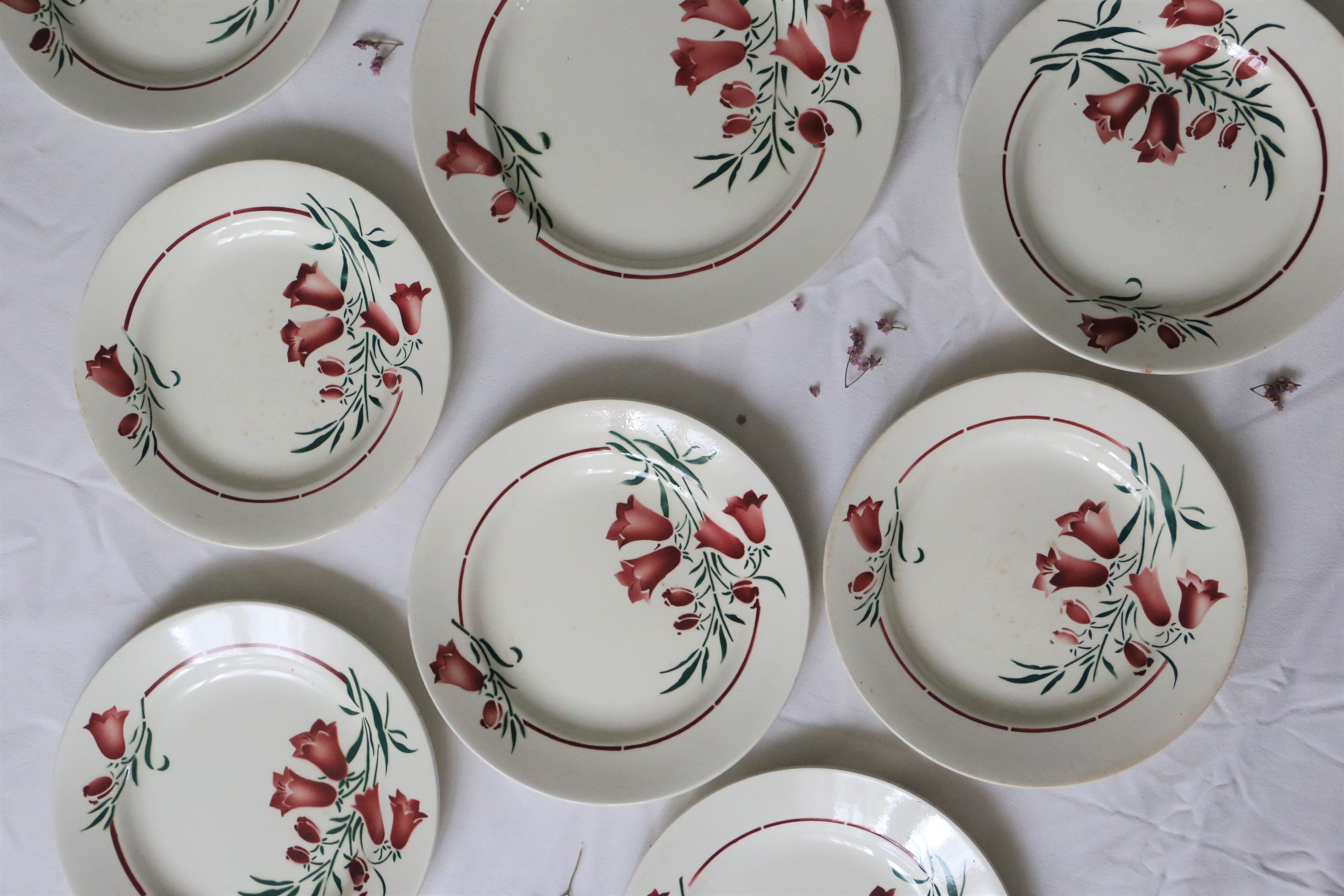 Set of 9 flat plates and 1 round dish, Saint Amand, vintage French, authentic, rare, countryside