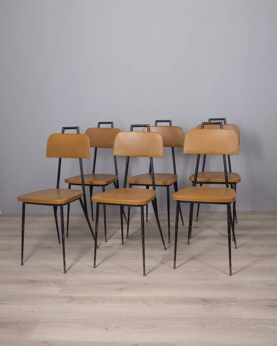 SET OF 6 VINTAGE 1960S METAL AND LEATHER CHAIRS, ITALIAN DESIGN