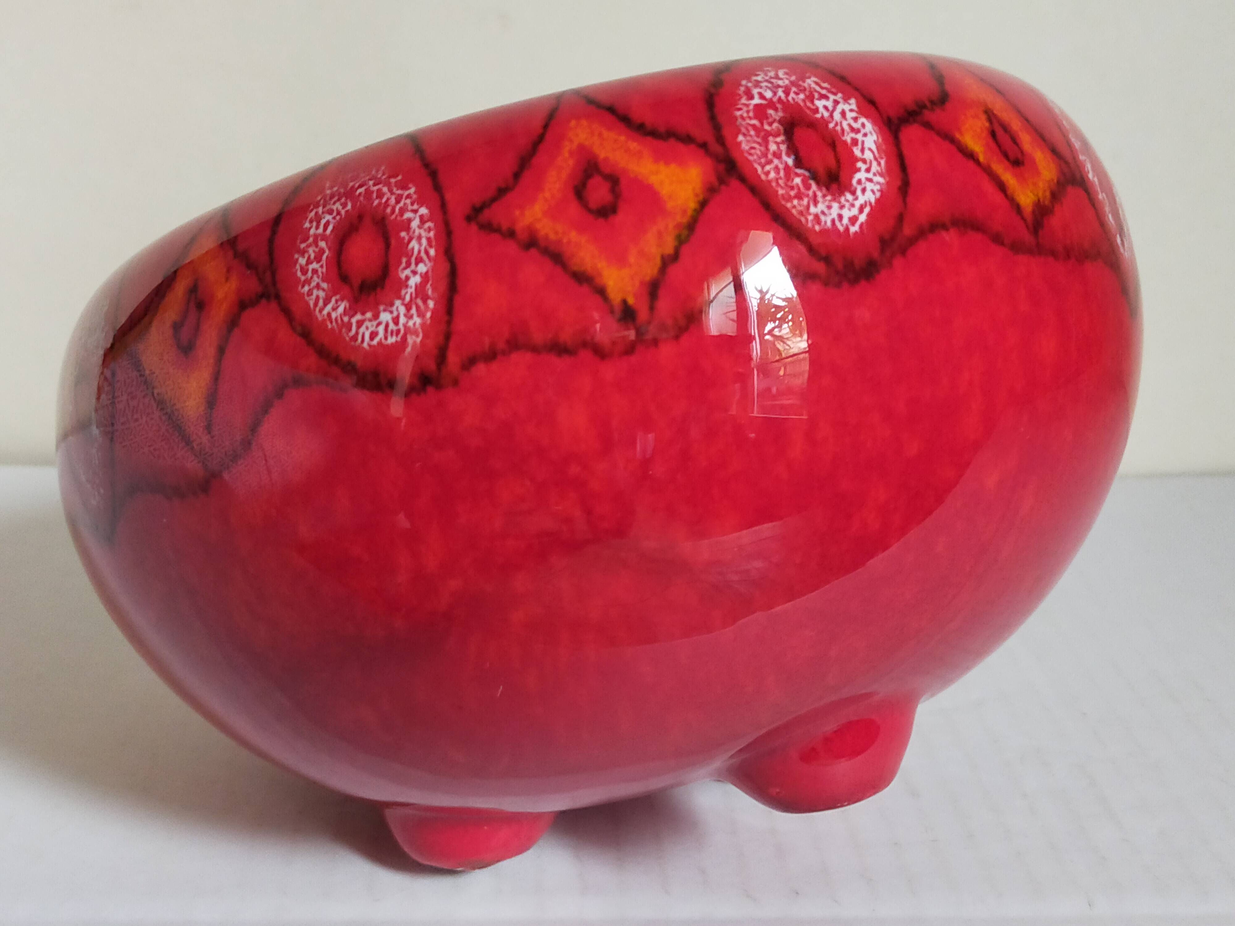 Vintage bright red enamel ceramic tripod vase