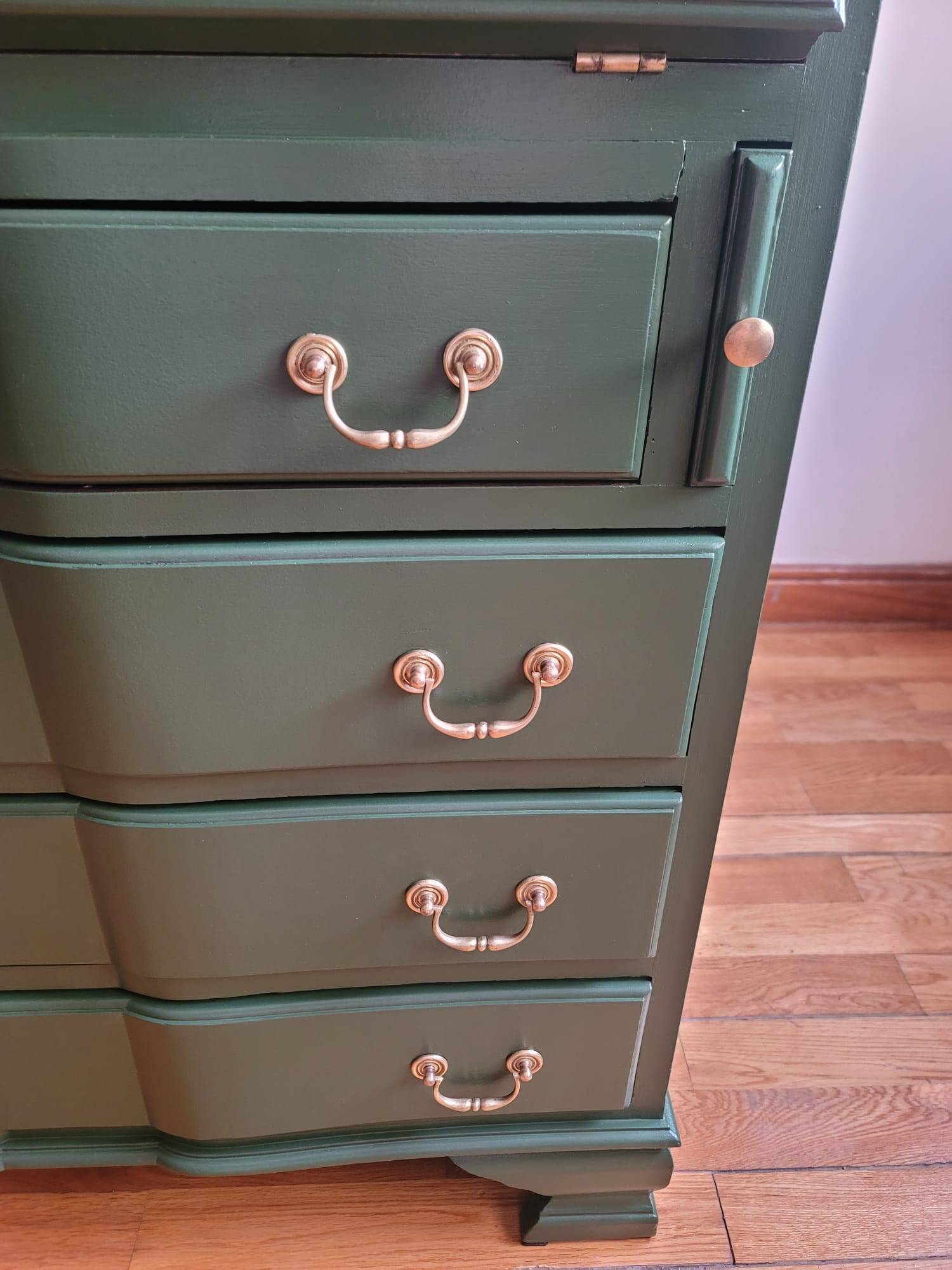 Vintage upcycled secretary in green and pink, original handles.