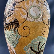 Very large dragon lamp on a yellow background in well-fired Vietnamese stoneware.