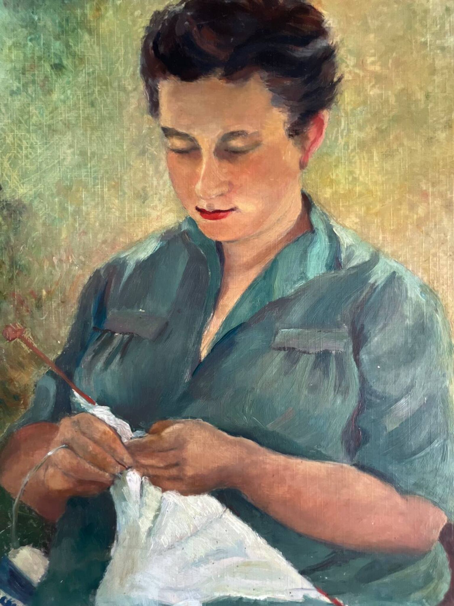 Oil painting on cardboard "Knitting"