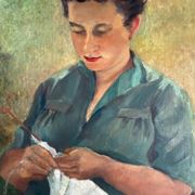Oil painting on cardboard "Knitting"