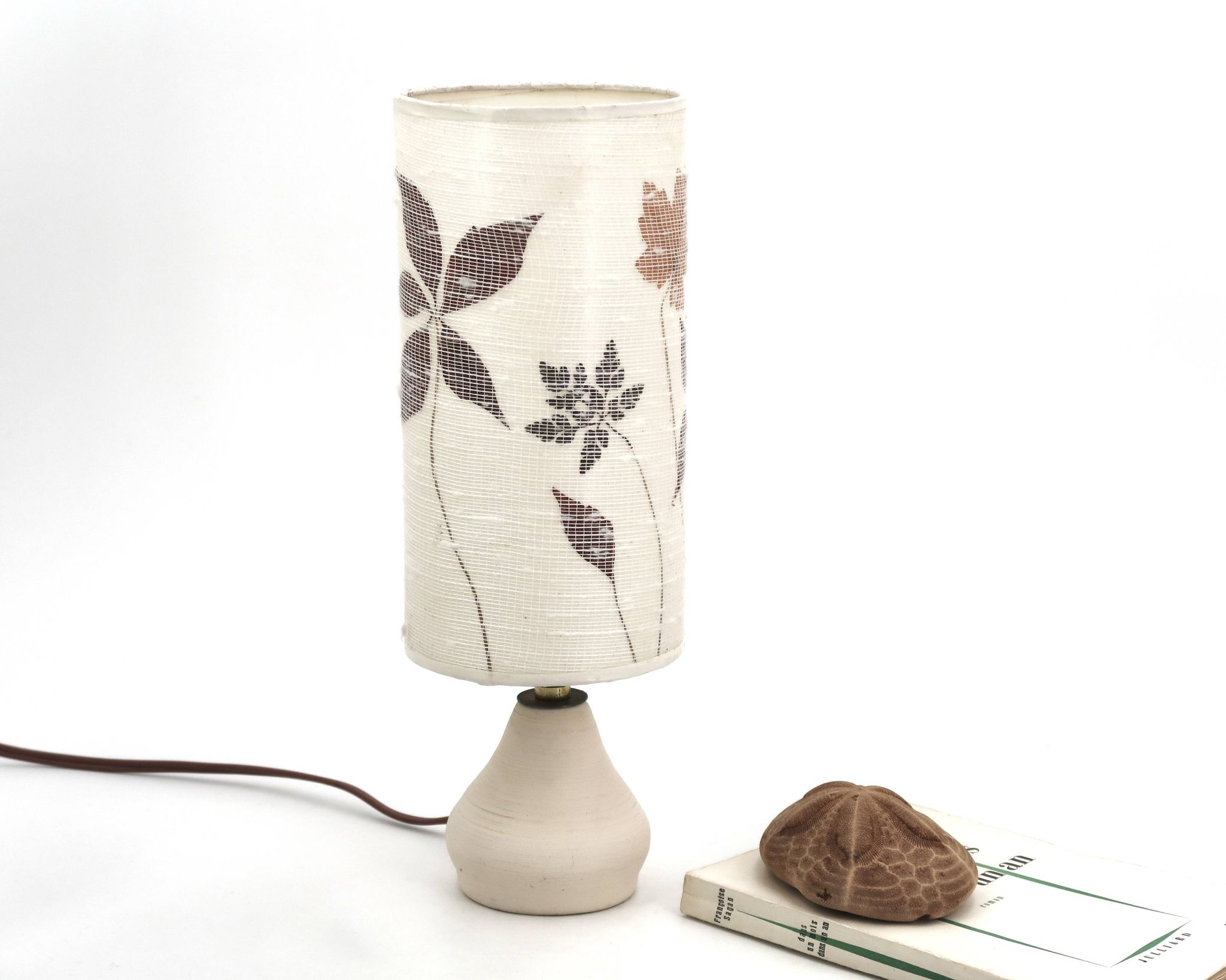 White ceramic lamp, herbarium-style lampshade, 1960s.