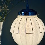 Vintage art deco globe pendant light in white and silver Clichy glass