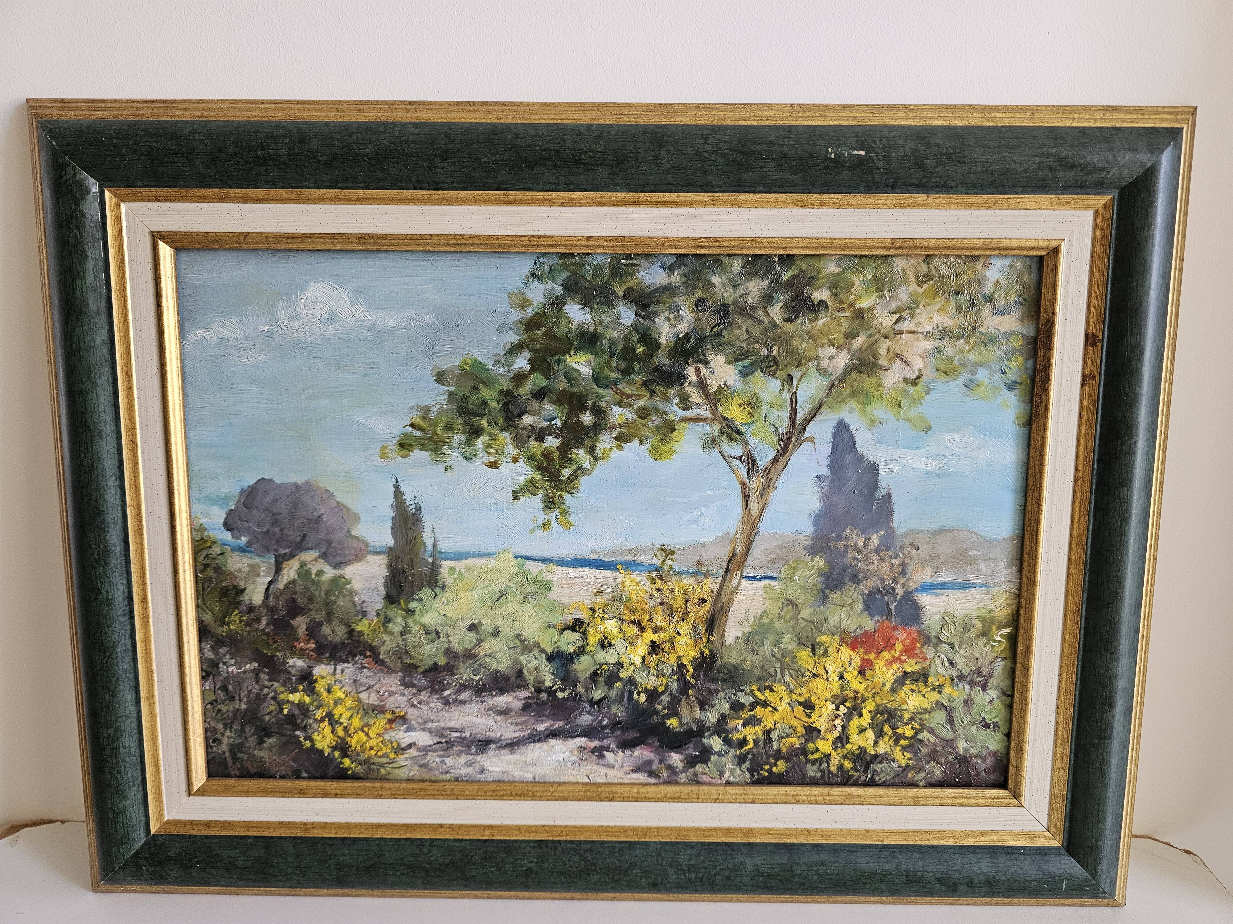 Oil painting on Isorel - Mediterranean landscape with Mimosa, signed Greuillet.