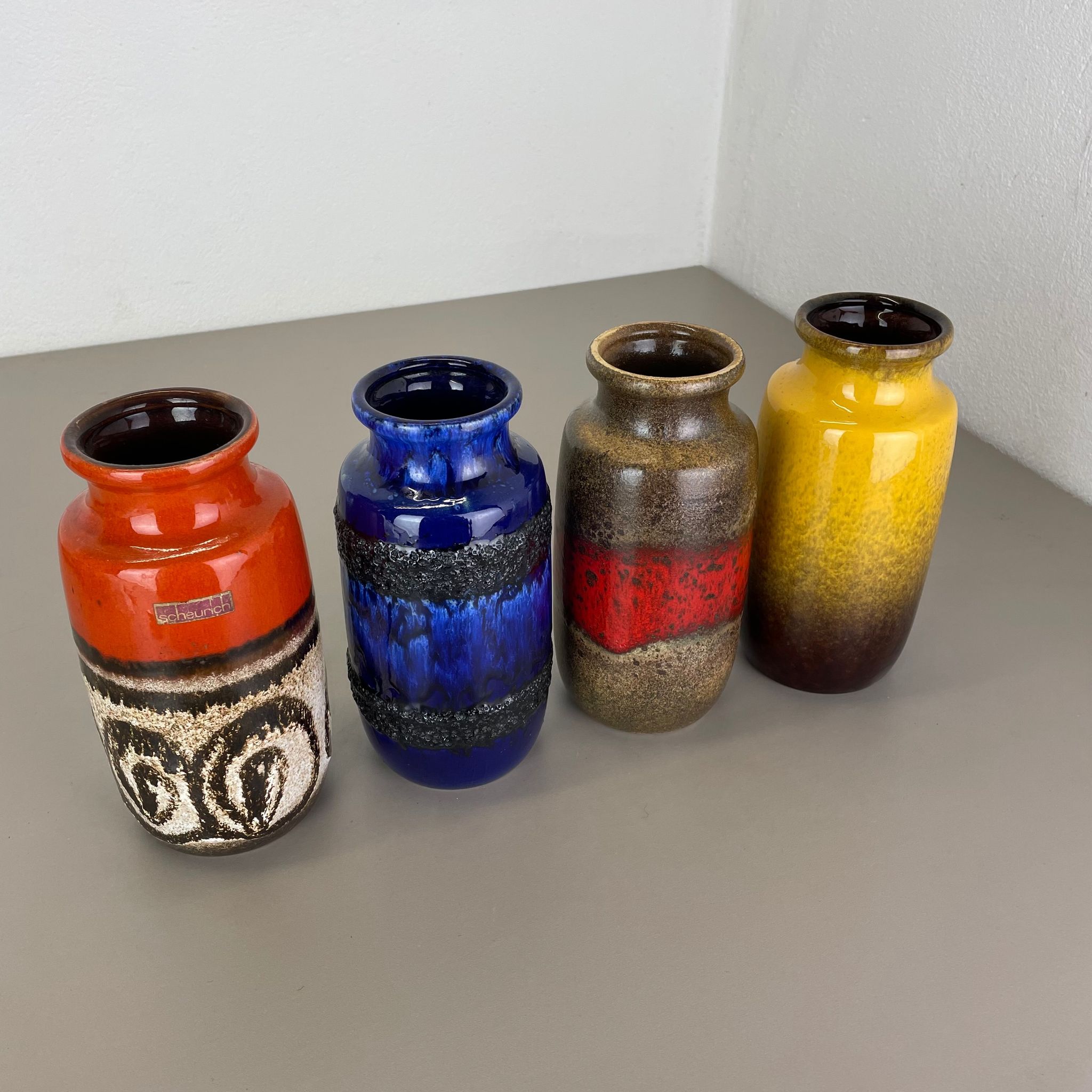 Set of Four Vintage Pottery Fat Lava Vases Made by Scheurich, Germany, 1970s